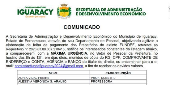 Secretaria de Administrao e Desenvolvimento Econmico do Municpio de Iguaracy, Estado de Pernambu